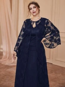 Modelyn 大碼素色連衣裙和荷葉袖蕾絲外套 - 藏蓝色 - 查看 5