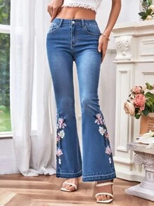 Floral Embroidery Flare Leg Jeans - Medium Wash - View 4