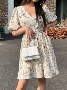 DAZY 印花燈籠袖腰帶A字連衣裙 - 米色 - 查看 3