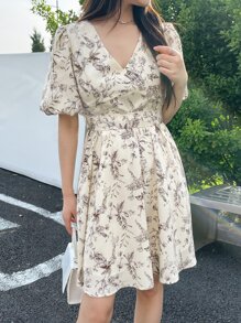 DAZY 印花燈籠袖腰帶A字連衣裙 - 米色 - 查看 5