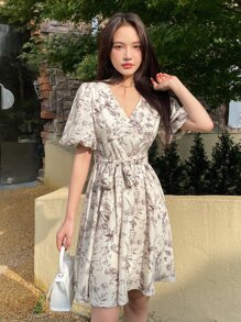 DAZY 印花燈籠袖腰帶A字連衣裙 - 米色 - 查看 7