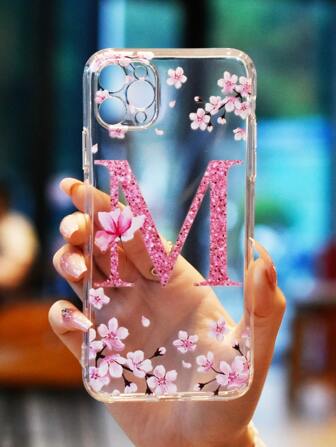 夏日粉色花朵与字母图案透明手机壳 适用于 iPhone 15/15Pro/15Plus/15Promax