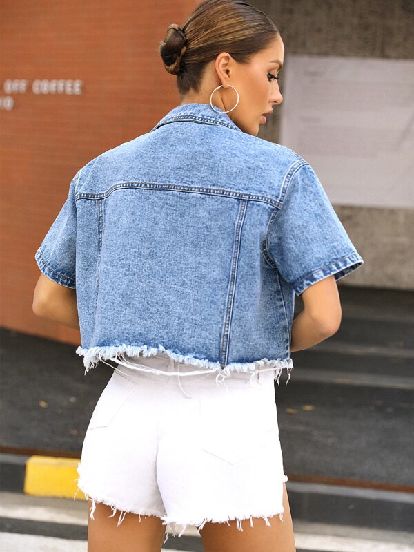 Ripped Raw Cut Denim Jacket SHEIN USA