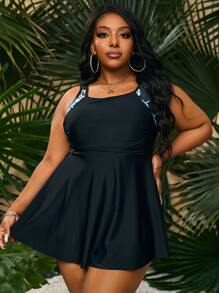 SHEIN Swim Curve Plus Size Tropical Panel Ruched Tankini Summer Beach - Black - View 1
