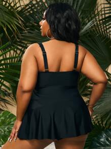 SHEIN Swim Curve Plus Size Tropical Panel Ruched Tankini Summer Beach - Black - View 2