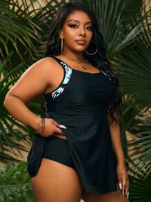 SHEIN Swim Curve Plus Size Tropical Panel Ruched Tankini Summer Beach - Black - View 3