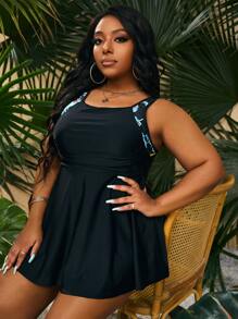 SHEIN Swim Curve Plus Size Tropical Panel Ruched Tankini Summer Beach - Black - View 4