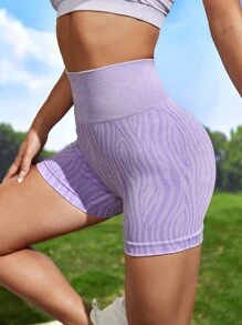 Yoga Trendy 斑馬條紋寬腰帶運動短褲 - 紫丁香色 - 查看 4