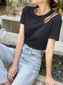 DAZY Áo thun trễ vai rắn chắc - màu đen - Xem 3