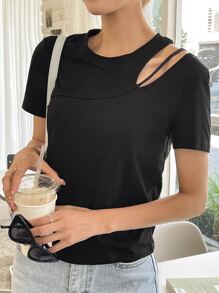 DAZY Áo thun trễ vai rắn chắc - màu đen - Xem 4