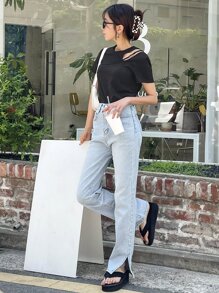 DAZY Áo thun trễ vai rắn chắc - màu đen - Xem 5