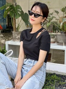 DAZY Áo thun trễ vai rắn chắc - màu đen - Xem 6