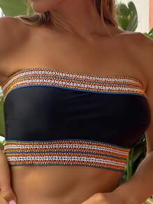 Contrast Trim Bandeau Bikini Top, For Summer Beach Vacation - Black - View 1