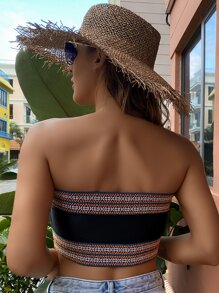 Contrast Trim Bandeau Bikini Top, For Summer Beach Vacation - Black - View 2