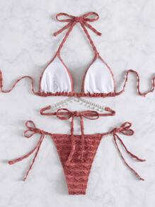 Bikini halter con detalle de ribete de lechuga, decorado con pedrería - Rosado Sandía - Ver 2