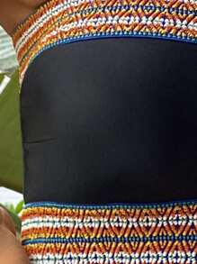 Contrast Trim Bandeau Bikini Top, For Summer Beach Vacation - Black - View 4