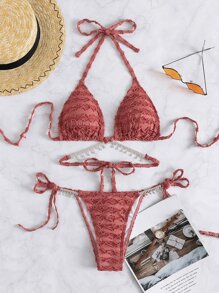 Bikini halter con detalle de ribete de lechuga, decorado con pedrería - Rosado Sandía - Ver 4