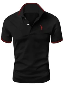 Manfinity Homme Men Deer Print Contrast Trim Polo Shirt - Black - View 1