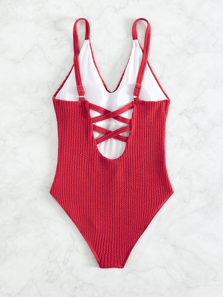 Plain Criss Cross V Neck One Piece Swimsuit, For Summer Beach Vacation - Red - View 6