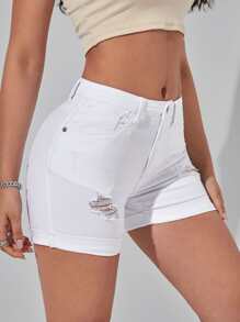 Shorts en mezclilla desgarro bajo de doblez - Blanco - Ver 1