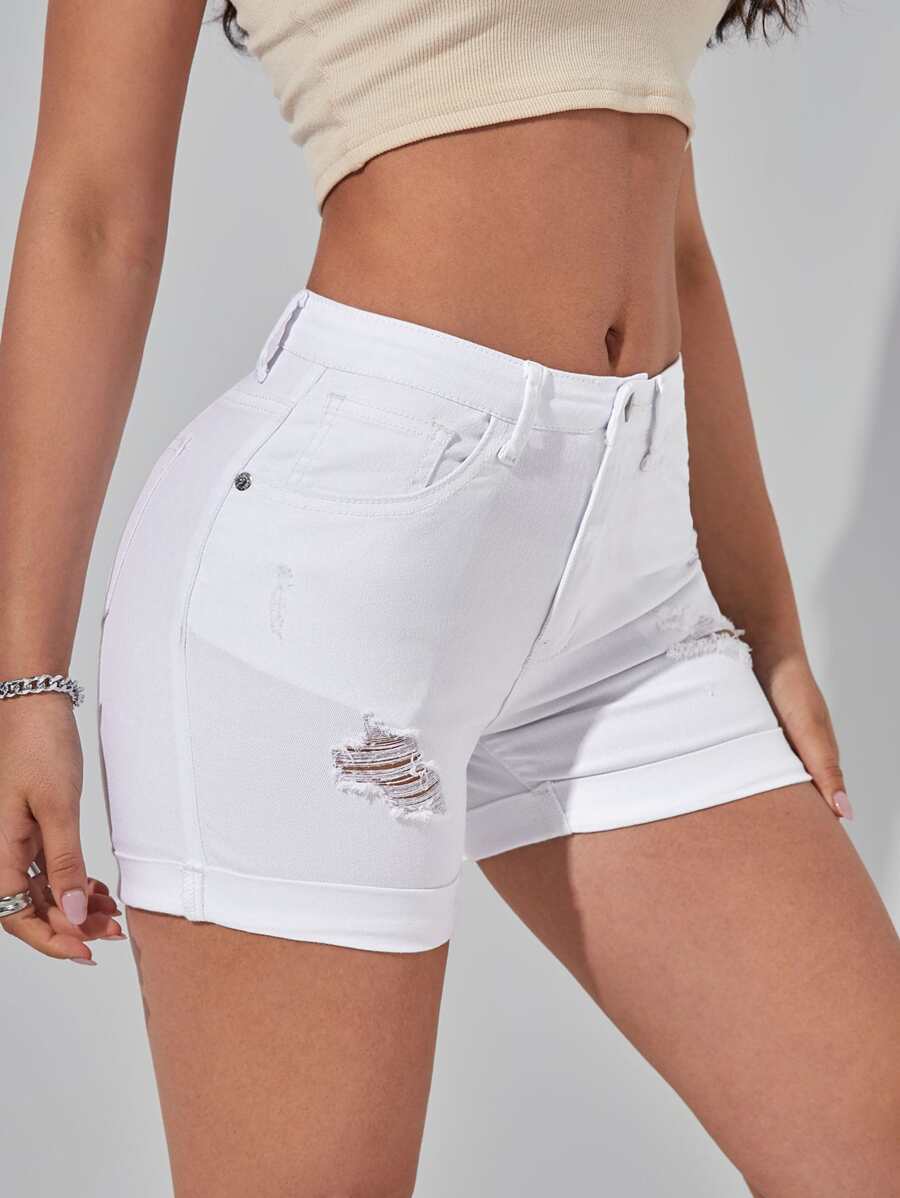 Shorts en mezclilla desgarro bajo de doblez - Blanco - Ver 1
