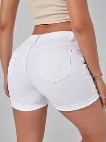 Shorts en mezclilla desgarro bajo de doblez - Blanco - Ver 2