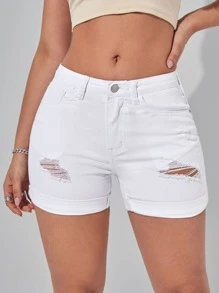 Shorts en mezclilla desgarro bajo de doblez - Blanco - Ver 3