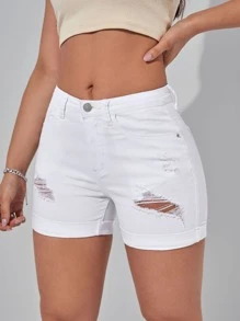 Shorts en mezclilla desgarro bajo de doblez - Blanco - Ver 4