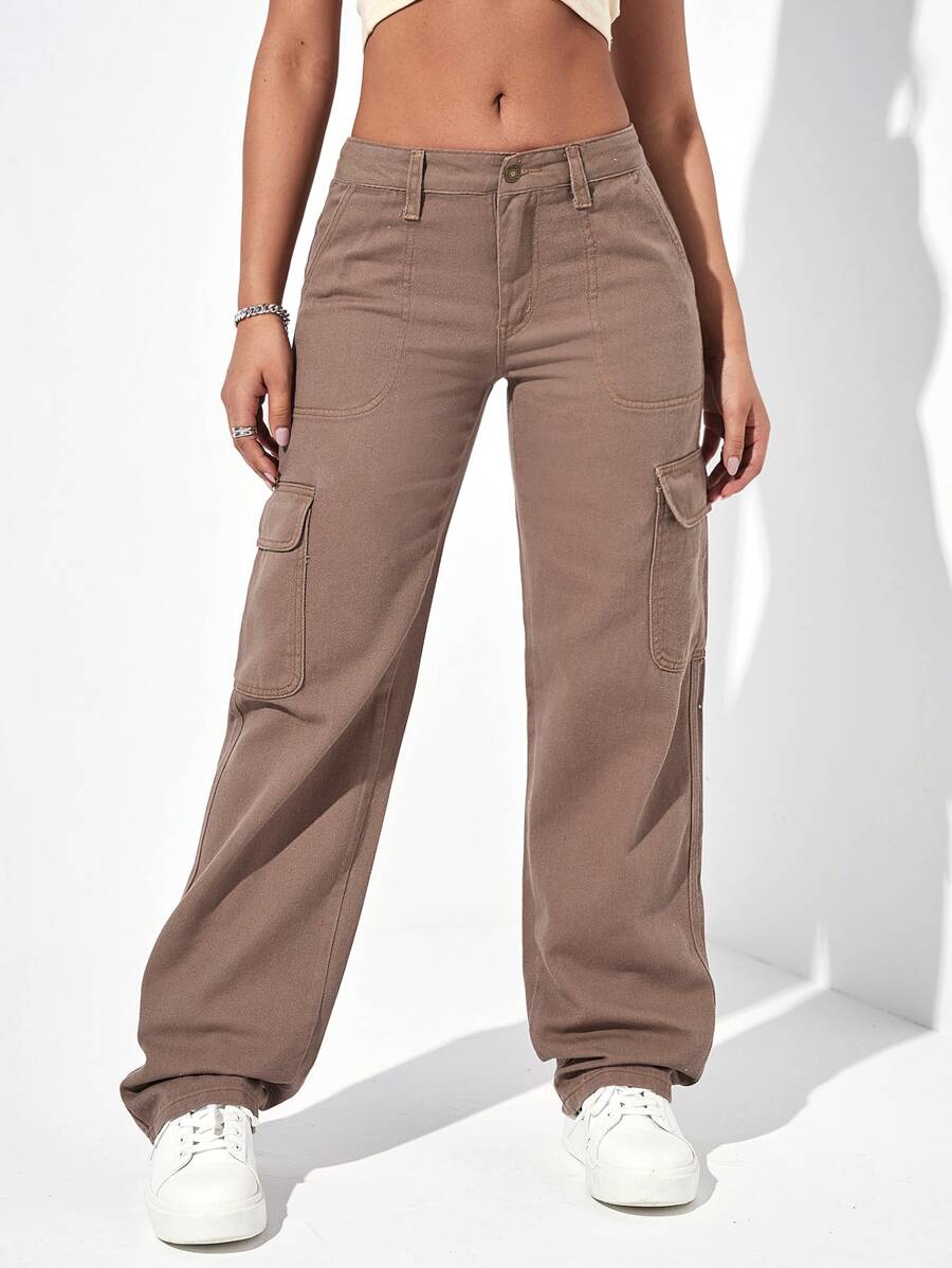 SHEIN EZwear 翻蓋口袋工裝牛仔褲 - 摩卡棕 - 查看 1
