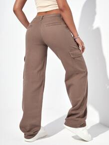 SHEIN EZwear 翻蓋口袋工裝牛仔褲 - 摩卡棕 - 查看 2
