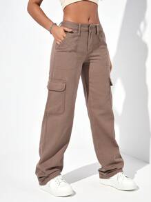 SHEIN EZwear 翻蓋口袋工裝牛仔褲 - 摩卡棕 - 查看 3