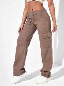 SHEIN EZwear 翻蓋口袋工裝牛仔褲 - 摩卡棕 - 查看 4