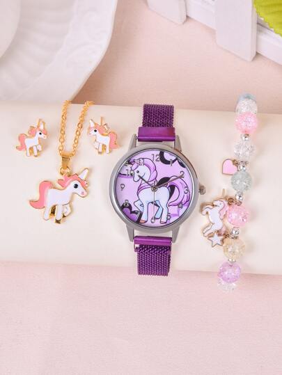 1pc Kids Unicorn Print Dial Quartz Watch & 4pcs Jewelry Set
