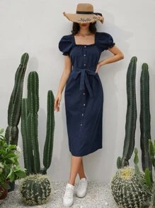 Soleia Square Neck Button Front Puff Sleeve Belted Dress - Navy Blue - View 2