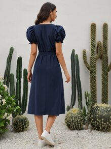 Soleia Square Neck Button Front Puff Sleeve Belted Dress - Navy Blue - View 3