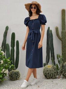 Soleia Square Neck Button Front Puff Sleeve Belted Dress - Navy Blue - View 4