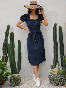 Soleia Square Neck Button Front Puff Sleeve Belted Dress - Navy Blue - View 1