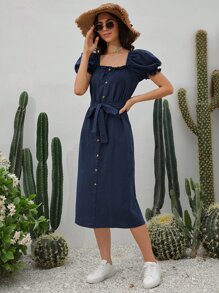 Soleia Square Neck Button Front Puff Sleeve Belted Dress - Navy Blue - View 6