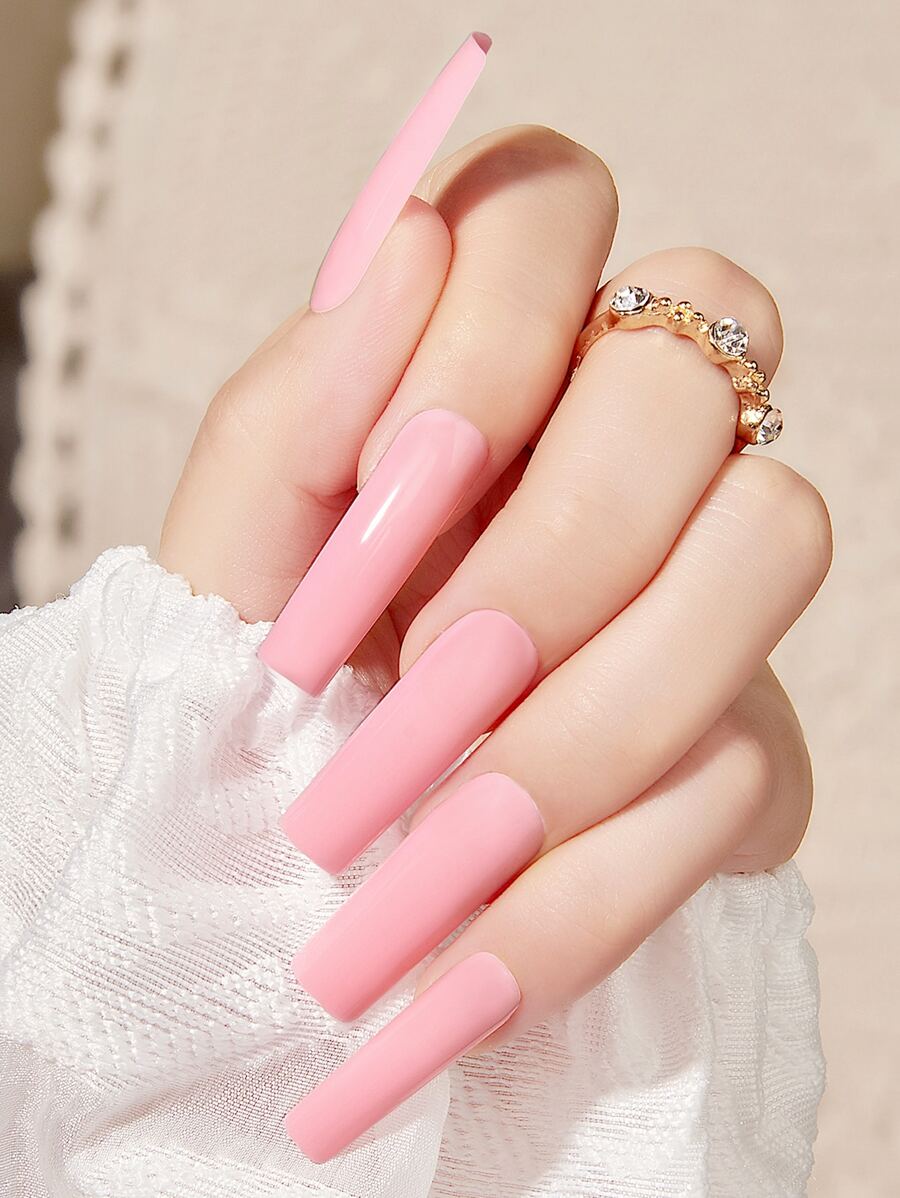 Instantly Upgrade Your Look with 24pcs Long Square Baby Pink Solid Glossy Fake Nail & 1pc Nail File & 1sheet Tape - Pink - View 1