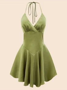 SHEIN MOD Plus Tie Backless Halter Satin Dress - Olive Green - View 1