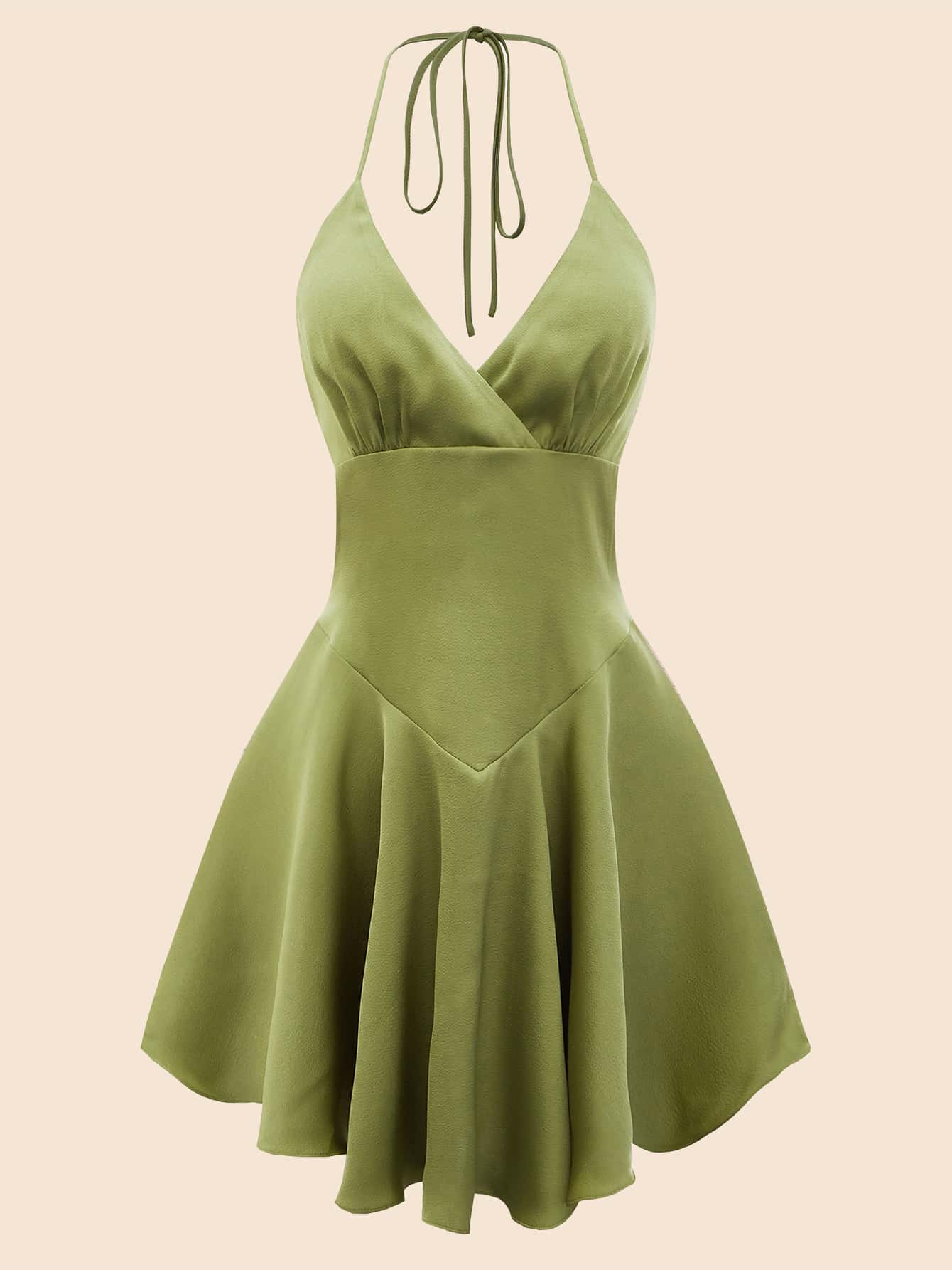 SHEIN MOD Plus Tie Backless Halter Satin Dress - Olive Green - View 1