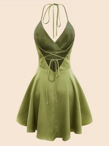 SHEIN MOD Plus Tie Backless Halter Satin Dress - Olive Green - View 2