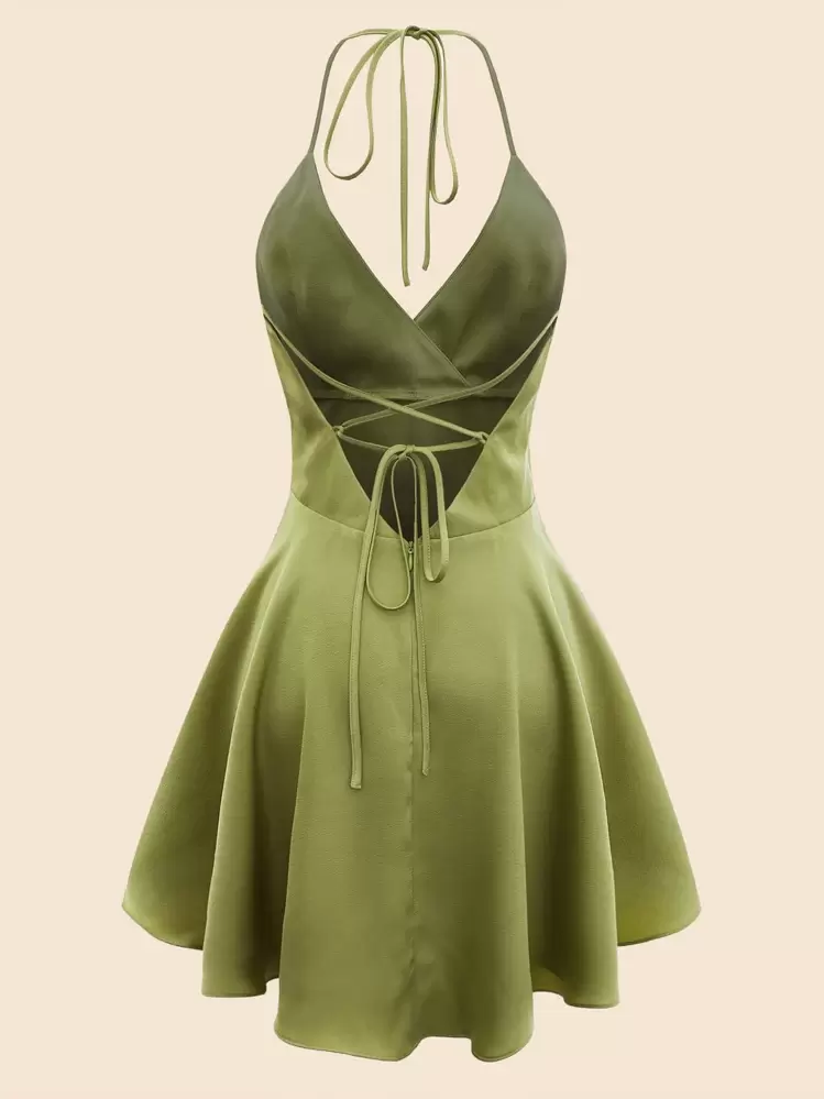 SHEIN MOD Robe dos-nu à nœud ras-du-cou en satin - Vert olive - Voir 2