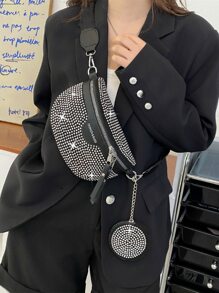 Bolso Cruzado Informal Y Versátil Para El Pecho, Riñonera Multifuncional Con Adorno De Diamantes De Imitación Y Bolso Pequeño A Juego, Bolso De Mujer De Moda Para Regalo De Festival, Estilo Punk - Negro - Ver 1