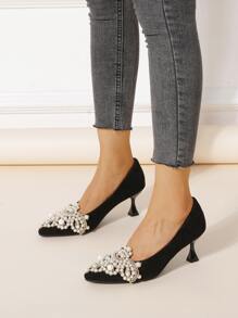 Faux Pearl Decor Suedette Court Pumps - Black - View 4