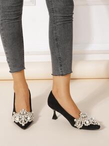 Faux Pearl Decor Suedette Court Pumps - Black - View 5