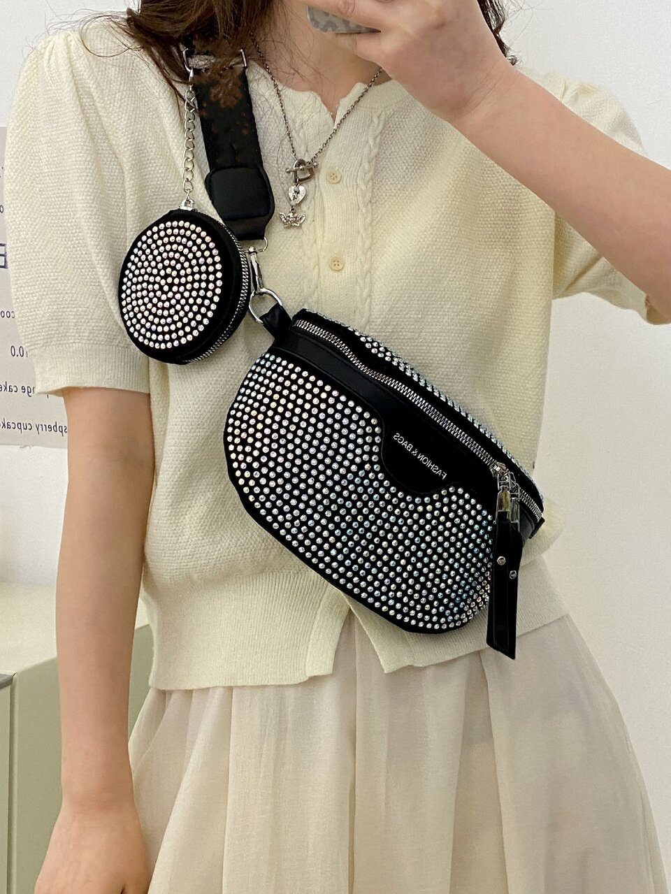 New Arrival Versatile Casual Crossbody Chest Bag, Multifunctional Waist Bag With Rhinestone Embellishment And Matching Small Bag, Fashionable Women's Bag For Or Festival Gift, Punk Style