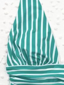 SHEIN Swim Một mảnh Xù Sọc Giải trí - Màu xanh lá cây đậm - Xem 3