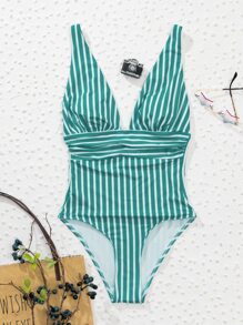 SHEIN Swim Một mảnh Xù Sọc Giải trí - Màu xanh lá cây đậm - Xem 4