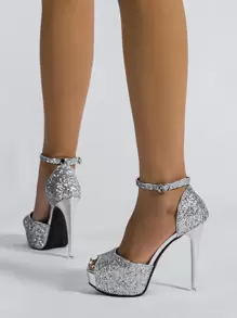 2025 秋冬女士露趾高跟凉鞋，带扣设计，透气性感镂空细高跟鞋，派对防水台高跟鞋，银色，女士浅口鞋